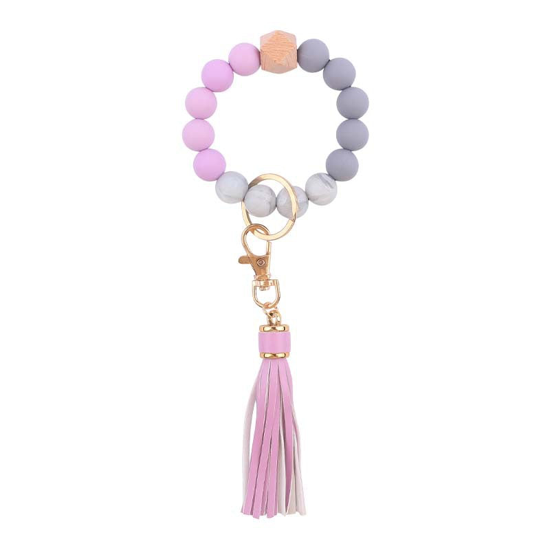 PU Tassel Silicone Bead Wristlet Keychain with Wooden Bead 12
