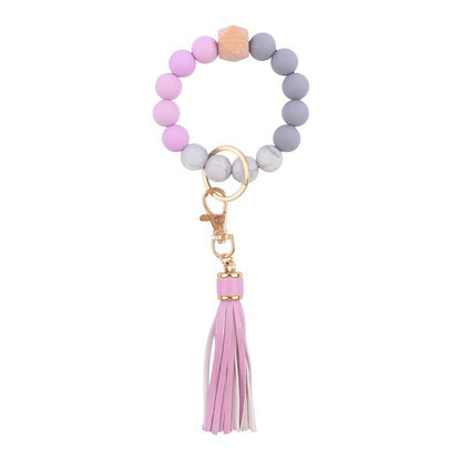 PU Tassel Silicone Bead Wristlet Keychain with Wooden Bead 12