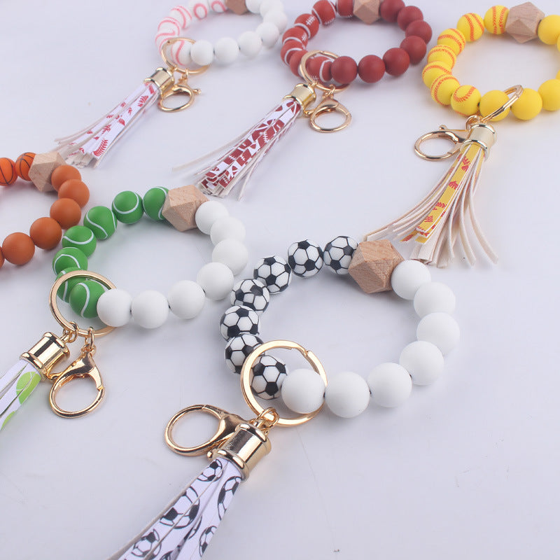 Football Tassel Silicone Bead Wristlet Keychain 3