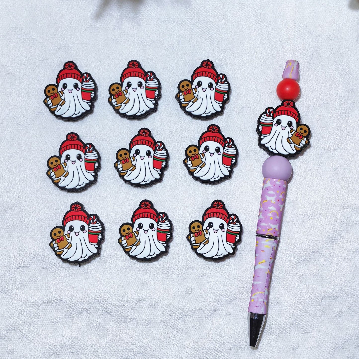 20pcs Silicone Focal Beads Halloween Ghost Holding Gingerbread and Drink
