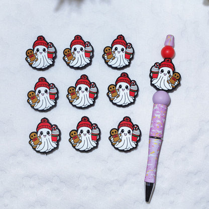 20pcs Silicone Focal Beads Halloween Ghost Holding Gingerbread and Drink