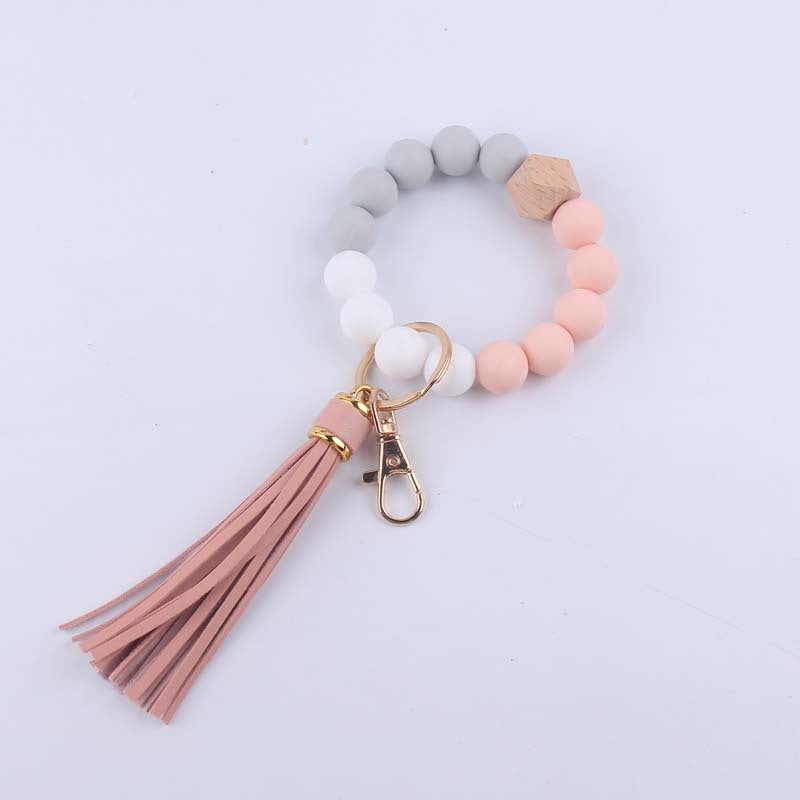Octagonal Silicone Bead Wristlet Keychain with Tassel Charm 9
