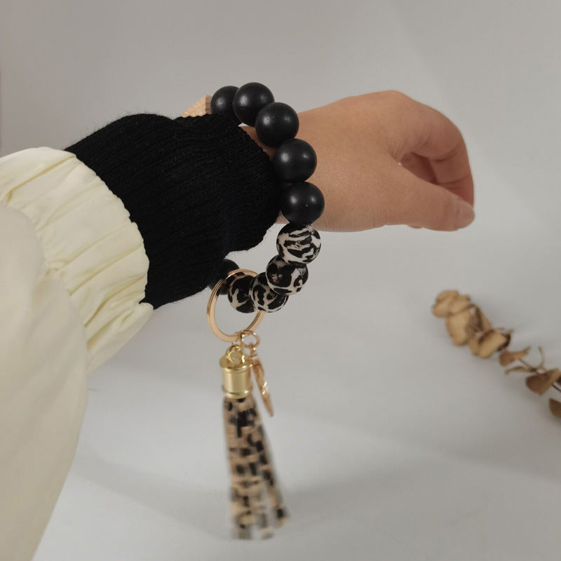 Leopard Print Silicone Bead Wristlet Keychain PU Tassel Charm 3