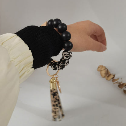 Leopard Print Silicone Bead Wristlet Keychain PU Tassel Charm 3