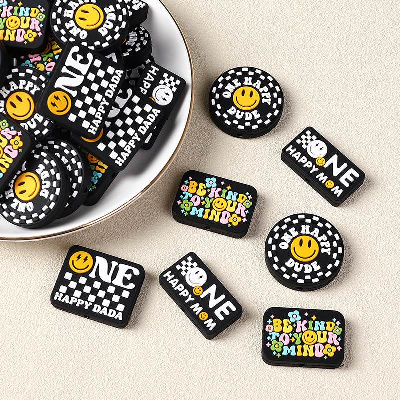 Silicone Focal Beads Cartoon Smiley Face Printed Text Design