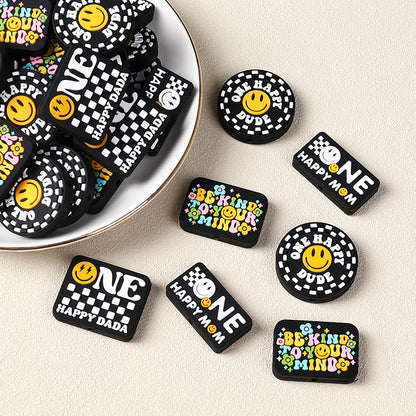 Silicone Focal Beads Cartoon Smiley Face Printed Text Design