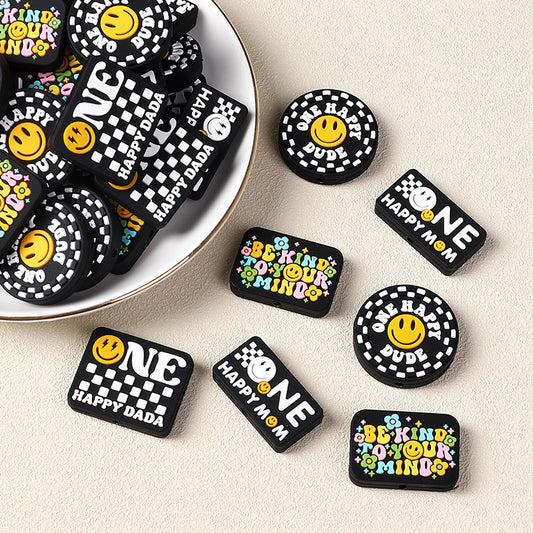 Silicone Focal Beads Cartoon Smiley Face Printed Text Design