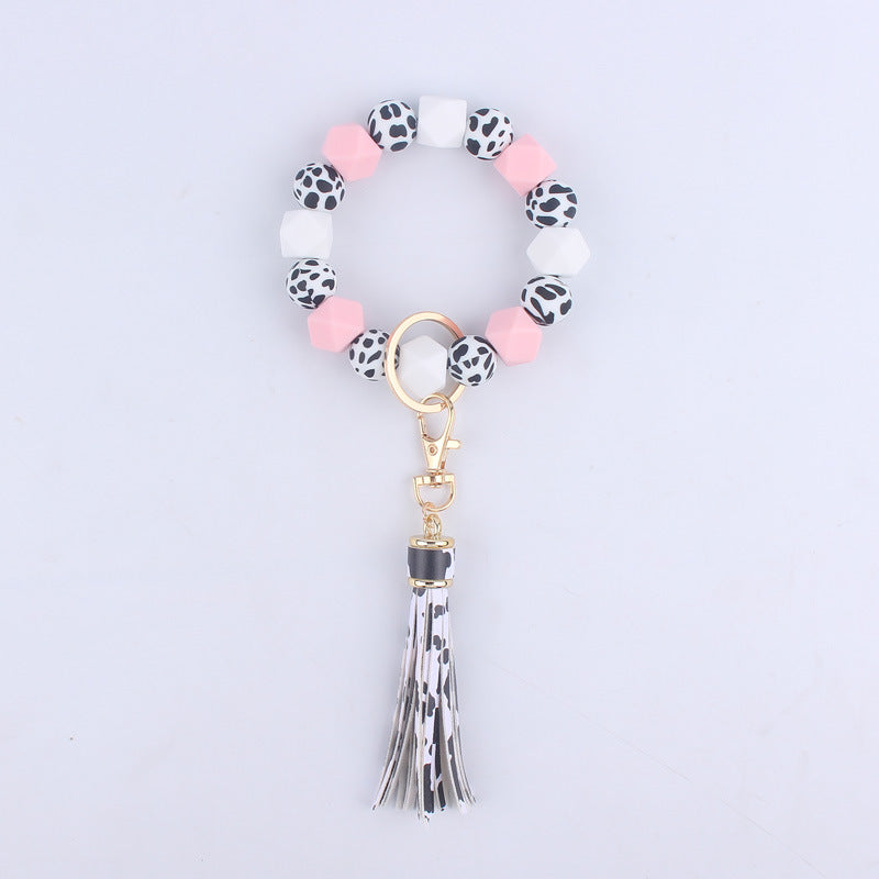 Leopard Print Silicone Bead Wristlet Keychain Tassel Charm 6