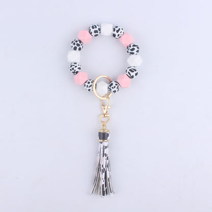 Leopard Print Silicone Bead Wristlet Keychain Tassel Charm 6