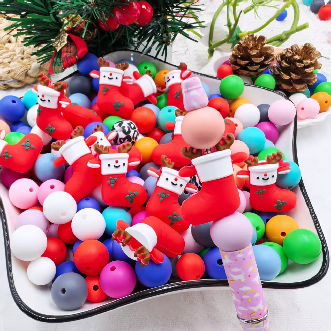 20Pcs Silicone 3D Focal Beads Elk Christmas Shoes Front Facing 4