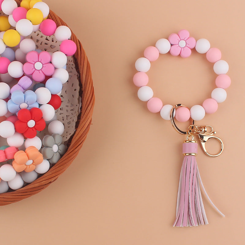 Flower Silicone Bead Wristlet Keychain with PU Leather Tassel 2