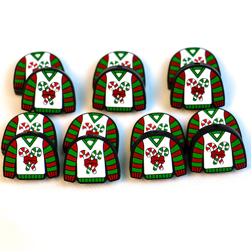 20pcs Silicone Focal Beads Sweater Christmas Candy Cane Print