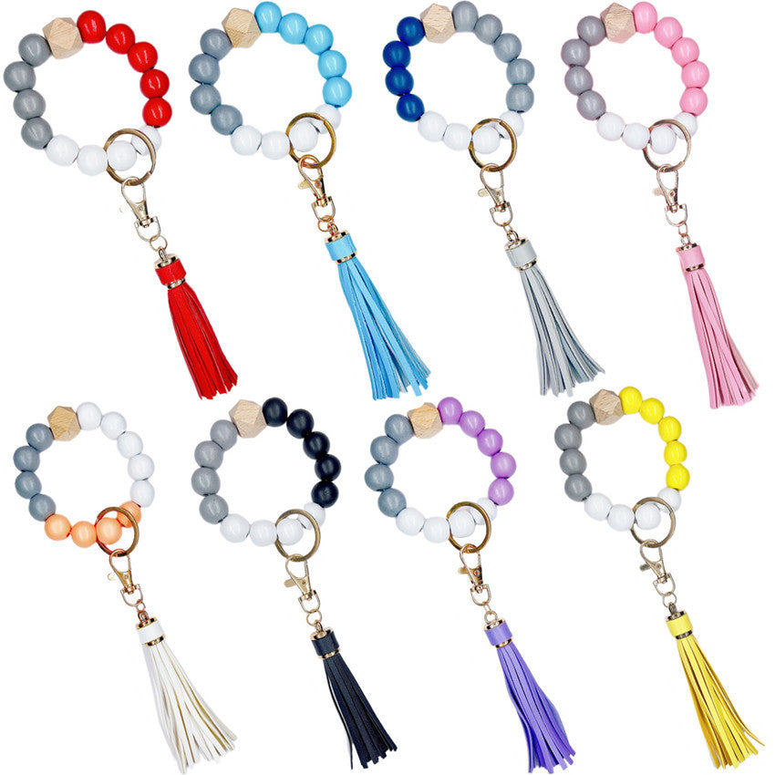 Wooden Bead Silicone Bead Wristlet Keychain with PU Leather Tassel