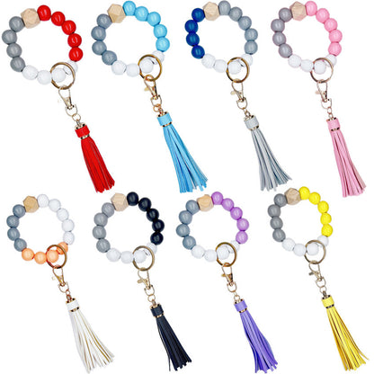Wooden Bead Silicone Bead Wristlet Keychain with PU Leather Tassel