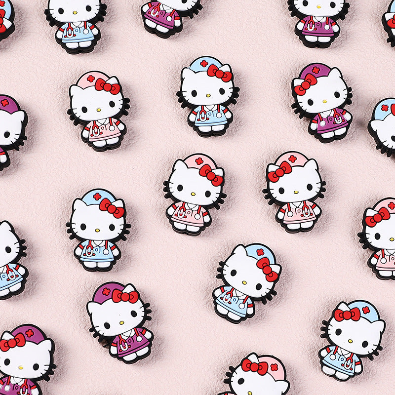 20pcs Silicone Focal Beads White Cat Nurse Outfit With Red Bow 2