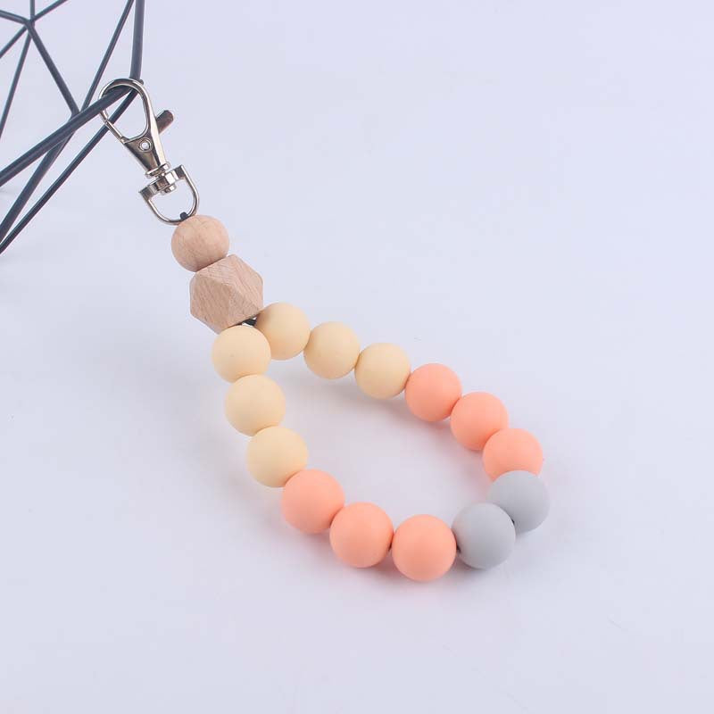 Contrast Wood Octagonal Silicone Bead Wristlet Keychain 9
