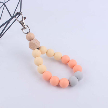Contrast Wood Octagonal Silicone Bead Wristlet Keychain 9