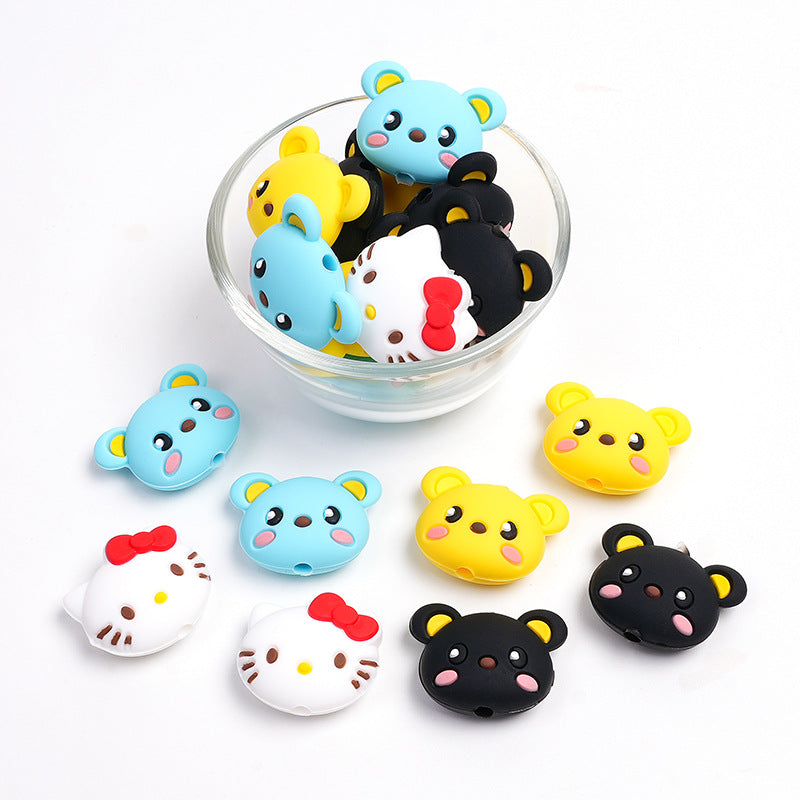 20Pcs Silicone Focal Beads Blue Bear Yellow Bear Black Bear Face Design