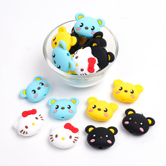 20Pcs Silicone Focal Beads Blue Bear Yellow Bear Black Bear Face Design