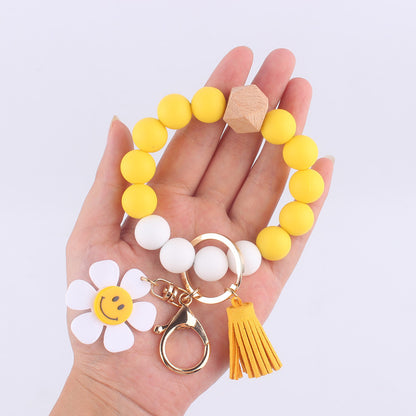 Sunflower Heart Silicone Bead Wristlet Keychain with Tassel Charm 2