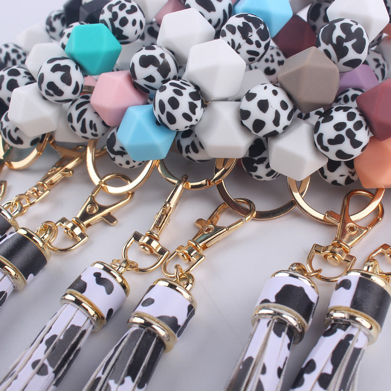 Leopard Print Silicone Bead Wristlet Keychain Tassel Charm 4