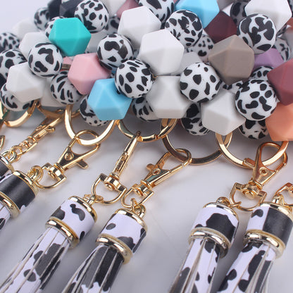 Leopard Print Silicone Bead Wristlet Keychain Tassel Charm 4