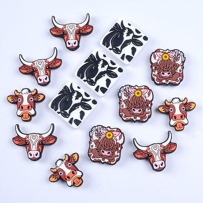 20Pcs Silicone Focal Beads Farm Highland Cattle Square Cow Design 2