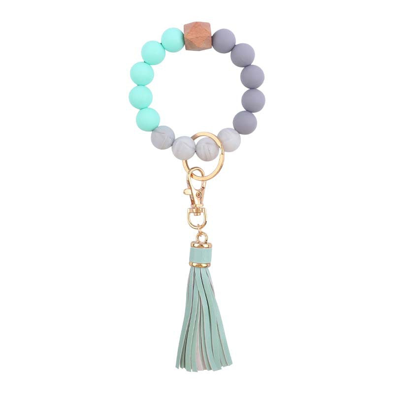 PU Tassel Silicone Bead Wristlet Keychain with Wooden Bead 14