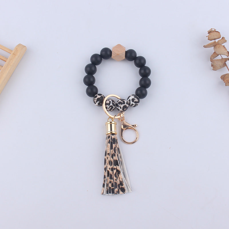 Leopard Print Silicone Bead Wristlet Keychain PU Tassel Charm 6