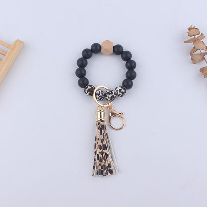 Leopard Print Silicone Bead Wristlet Keychain PU Tassel Charm 6