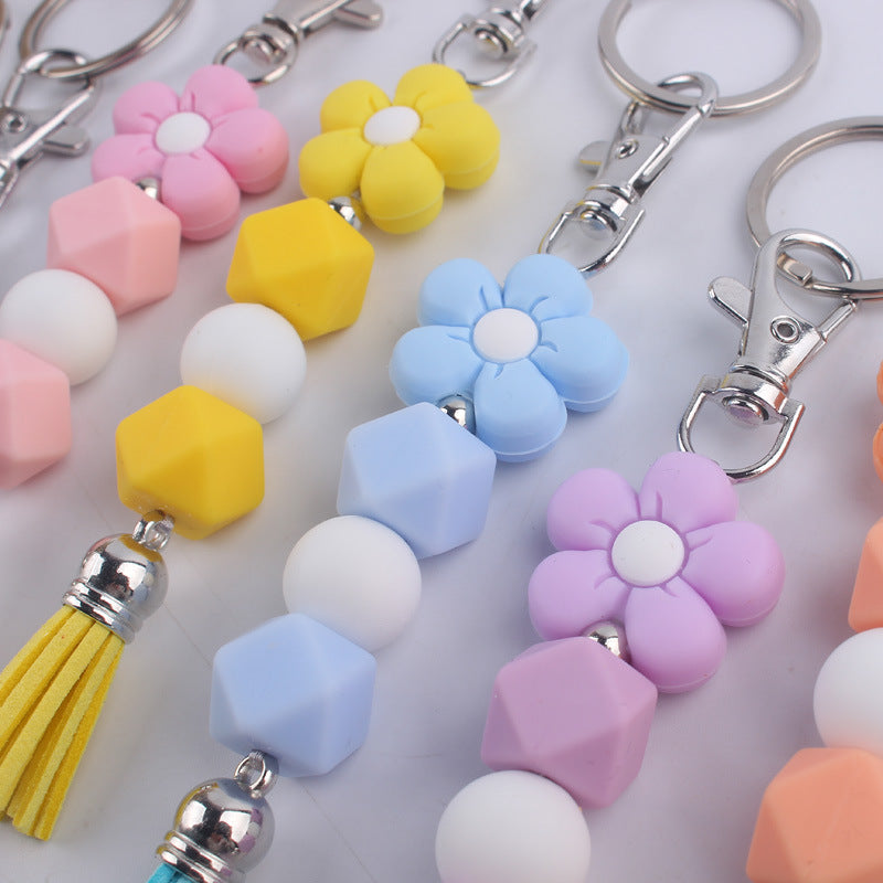 Flower Silicone Bead Keychain with Tassel Charm Accessory 4