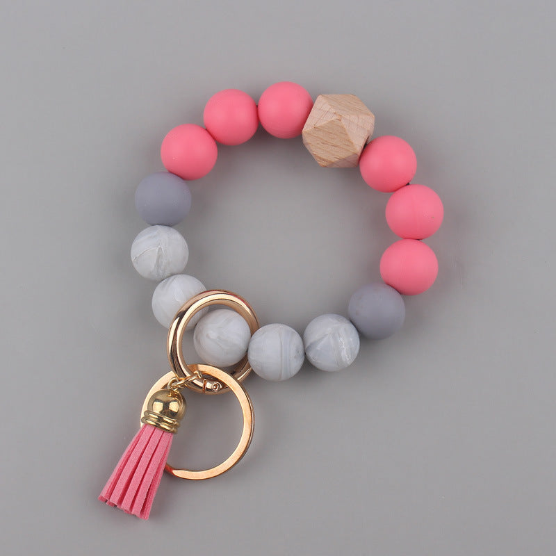 Leather PU Tassel Silicone Bead Wristlet Keychain Small Size 13