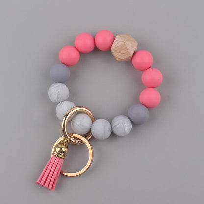 Leather PU Tassel Silicone Bead Wristlet Keychain Small Size 13