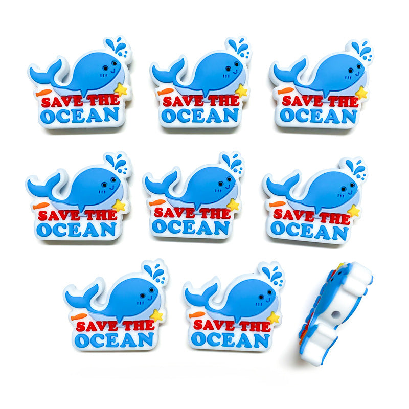 20Pcs Silicone Focal Beads Blue Whale Ocean Theme With Save The Ocean Text