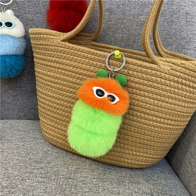 Caterpillar Pom Pom Plush Keychain Cute Furry Charm Accessory 13