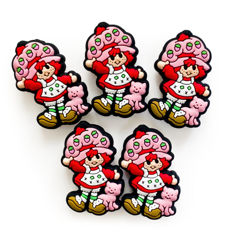 20Pcs Silicone Focal Beads Girl with Strawberry Hat and Pink Cat 2