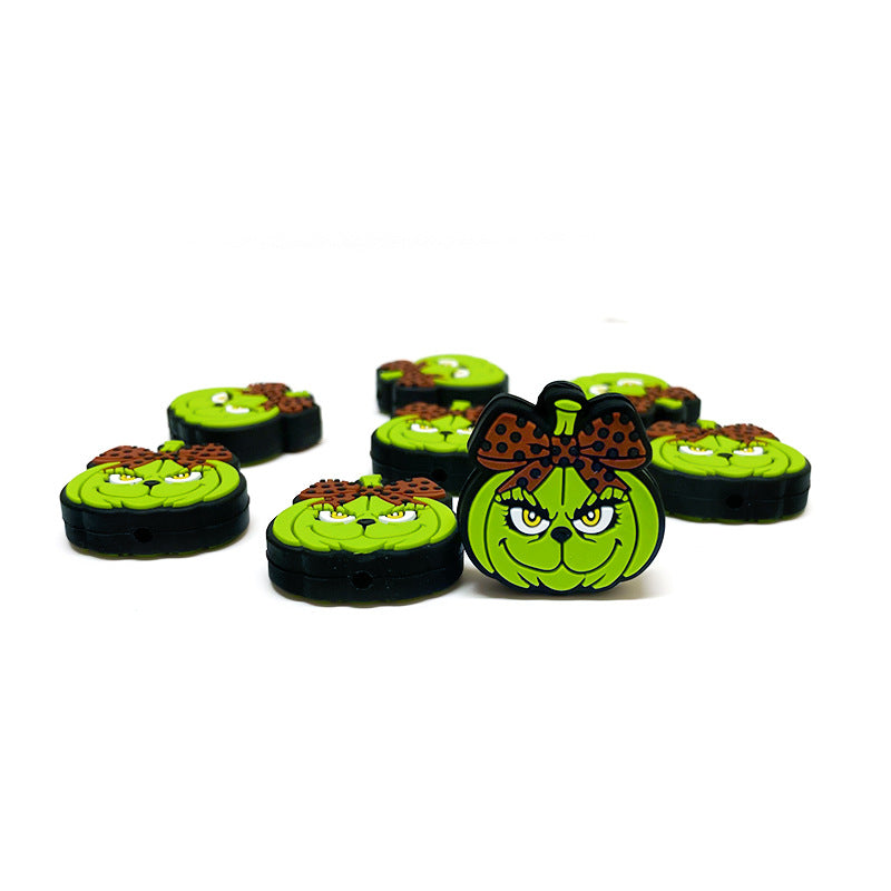 20Pcs Silicone Focal Beads Green Pumpkin Wearing Bow 4