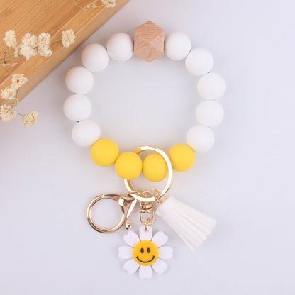 Sunflower Heart Silicone Bead Wristlet Keychain with Tassel Charm 6