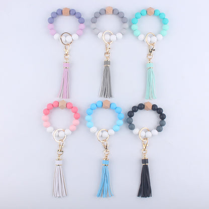 Tassel Silicone Bead Wristlet Keychain with Wooden Bead Charm 8cm 2