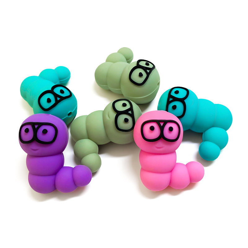 20Pcs Silicone 3D Focal Beads Cute Caterpillar Wearing Glasses 2