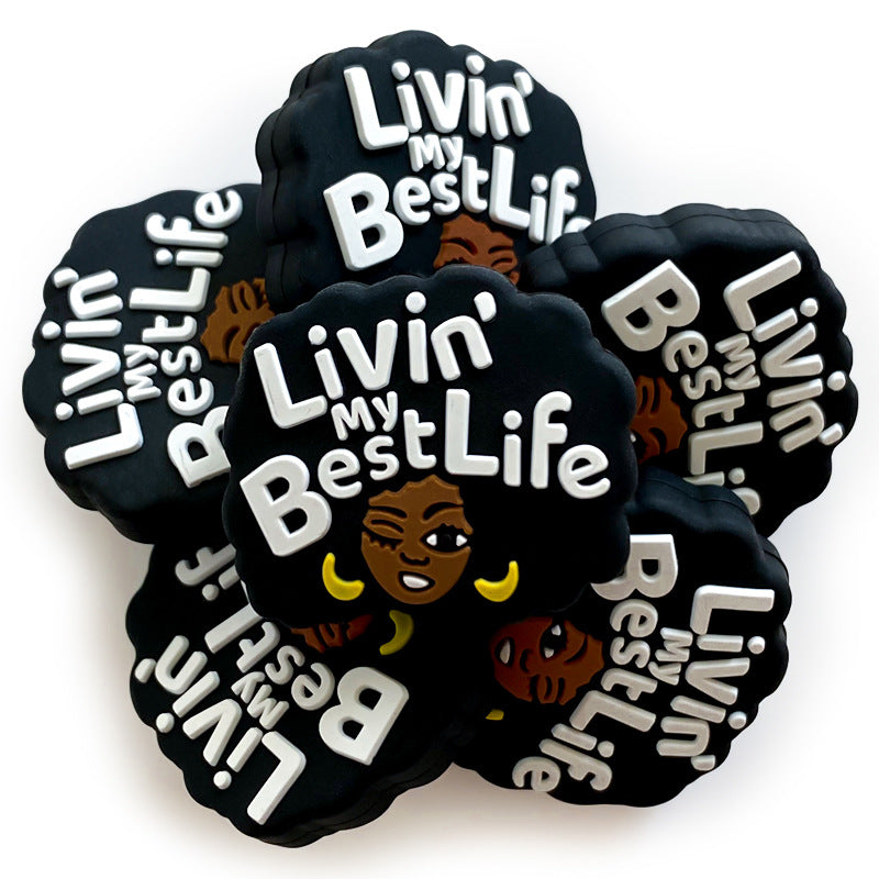 20pcs Silicone Focal Beads Black Girl Winking Face with White Text 3