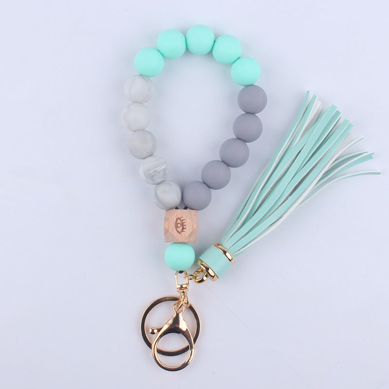 Beech Wood with Eyes Octagonal Tassels Silicone Bead Wristlet Keychain 15