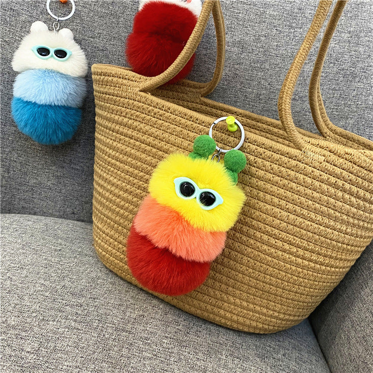 Caterpillar Pom Pom Plush Keychain Cute Furry Charm Accessory 16