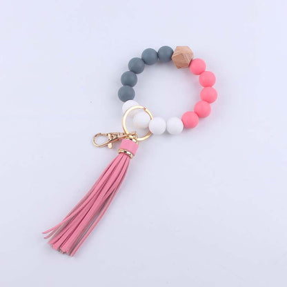 Octagonal Silicone Bead Wristlet Keychain with Tassel Charm 8