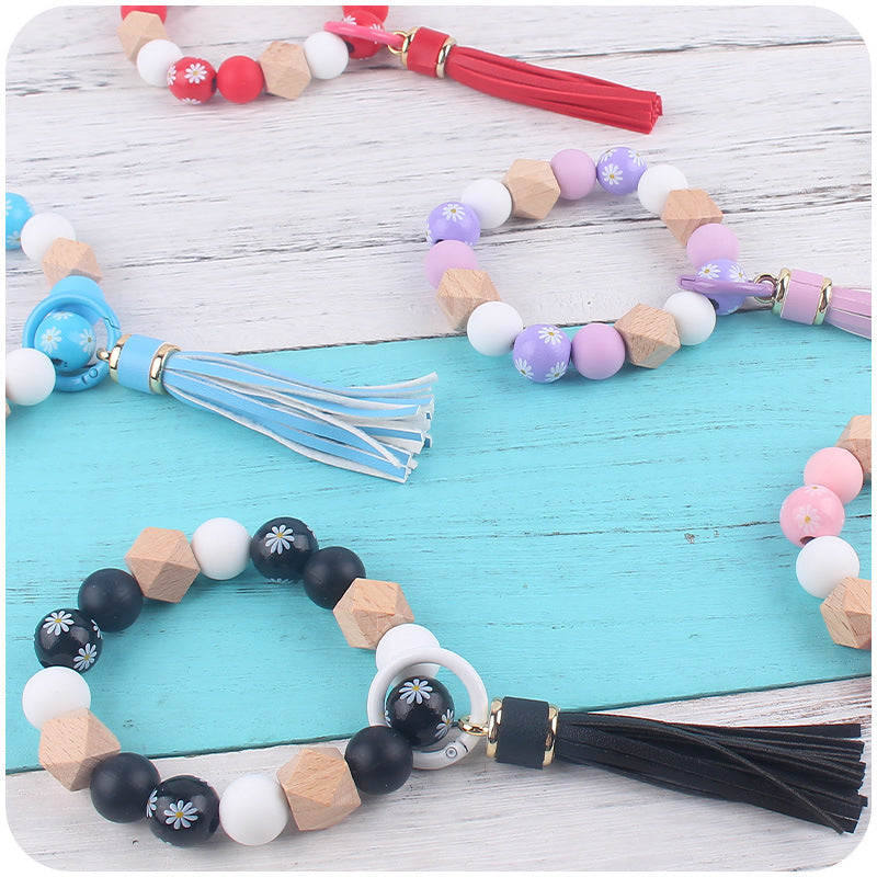 Daisy Silicone Bead Wristlet Keychain Tassel Charm 4