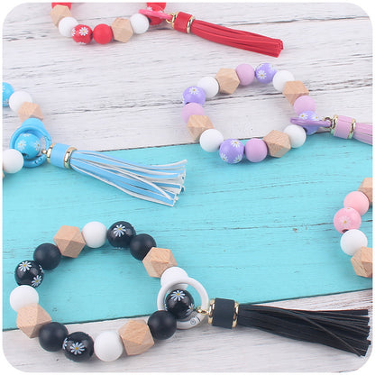 Daisy Silicone Bead Wristlet Keychain Tassel Charm 4
