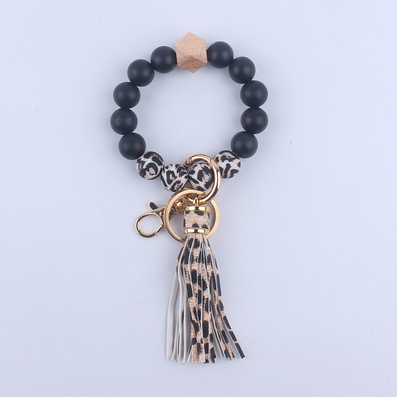 PU Leather Tassel Silicone Bead Wristlet Keychain Leopard Print 6
