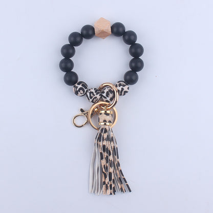 PU Leather Tassel Silicone Bead Wristlet Keychain Leopard Print 6