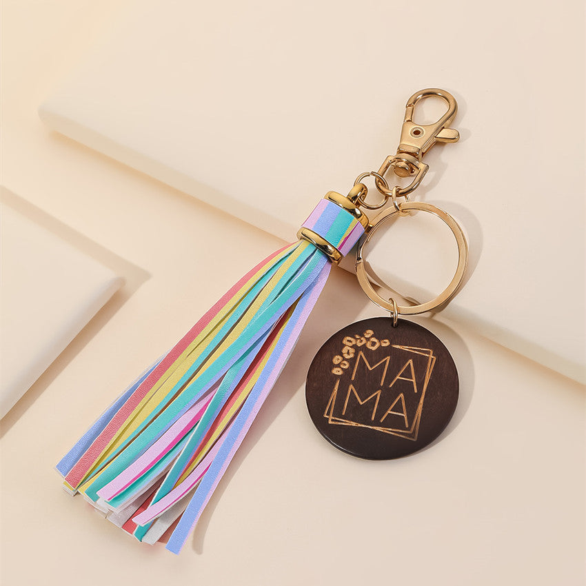 Western Wooden Mama Tassel Keychain Metal Accessory