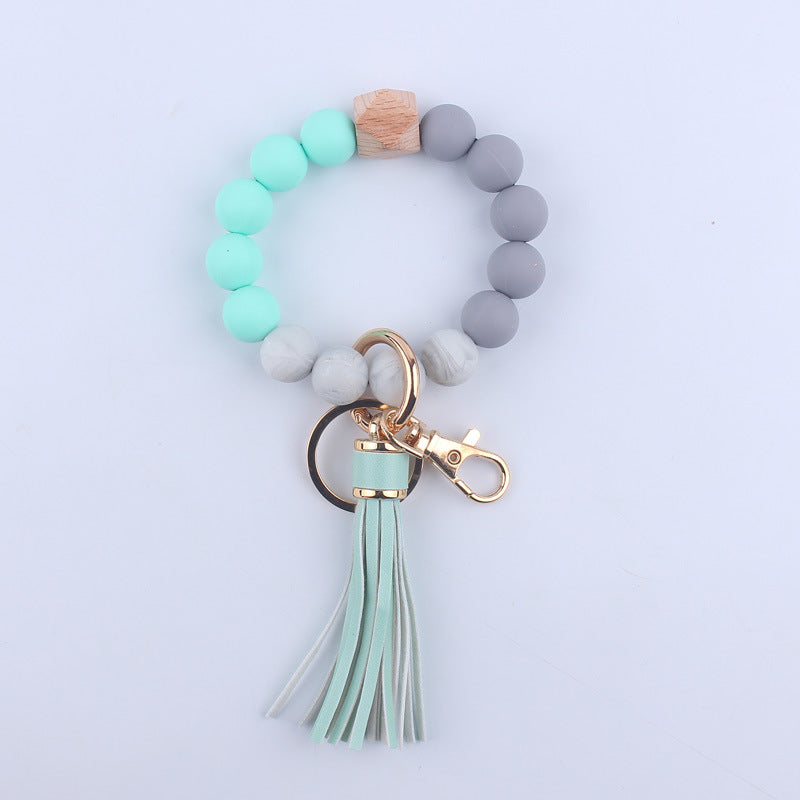 PU Leather Tassel Silicone Bead Wristlet Keychain Leopard Print 12